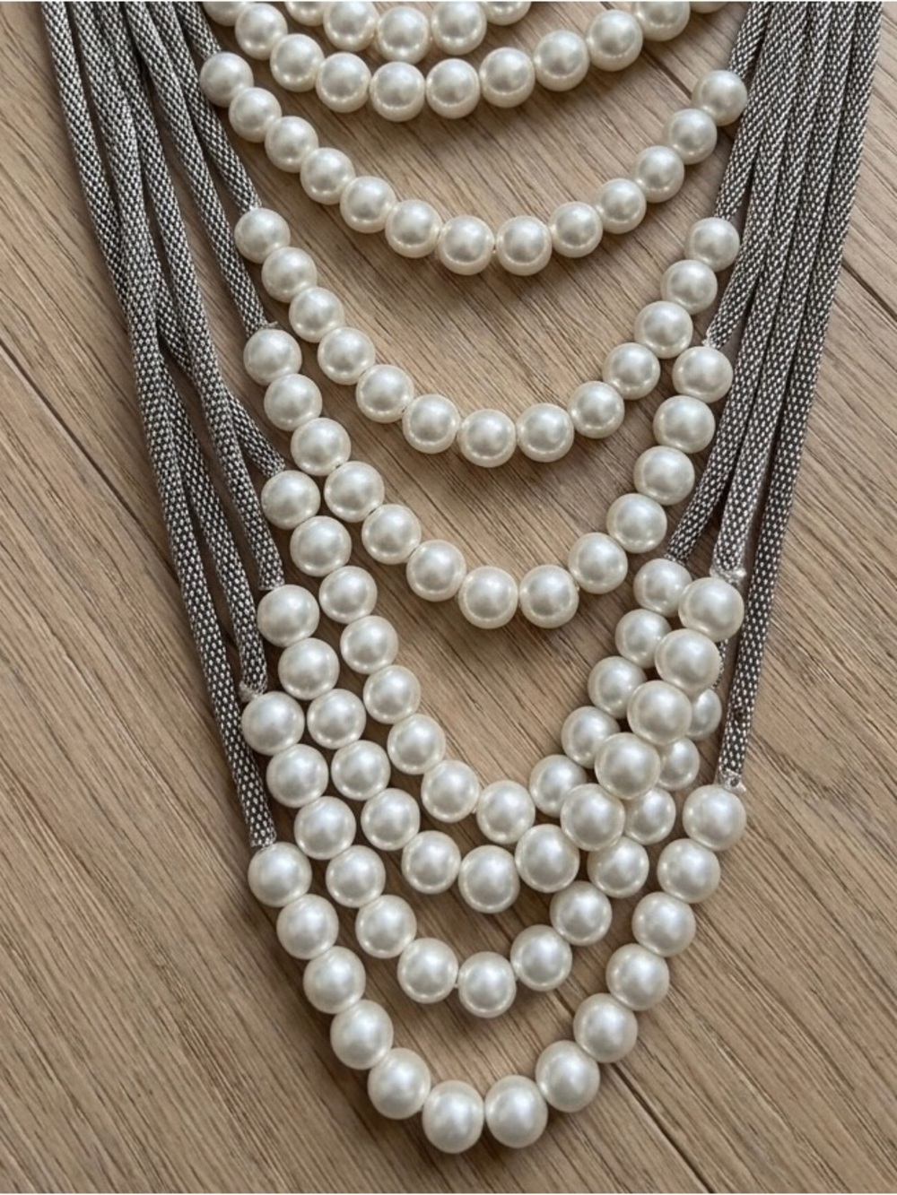 Vintage Ivory Pearl Multi-Strand Necklace with silver tone Cords - Women Jewelry - Picture 4 of 4